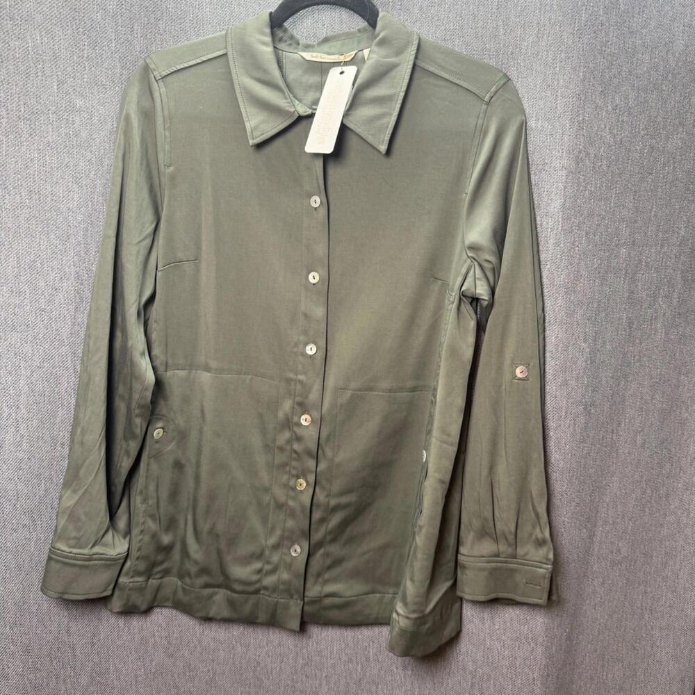 Soft Surroundings Women's S Long Sleeve Button-Down Green Pockets Classic NWT$99